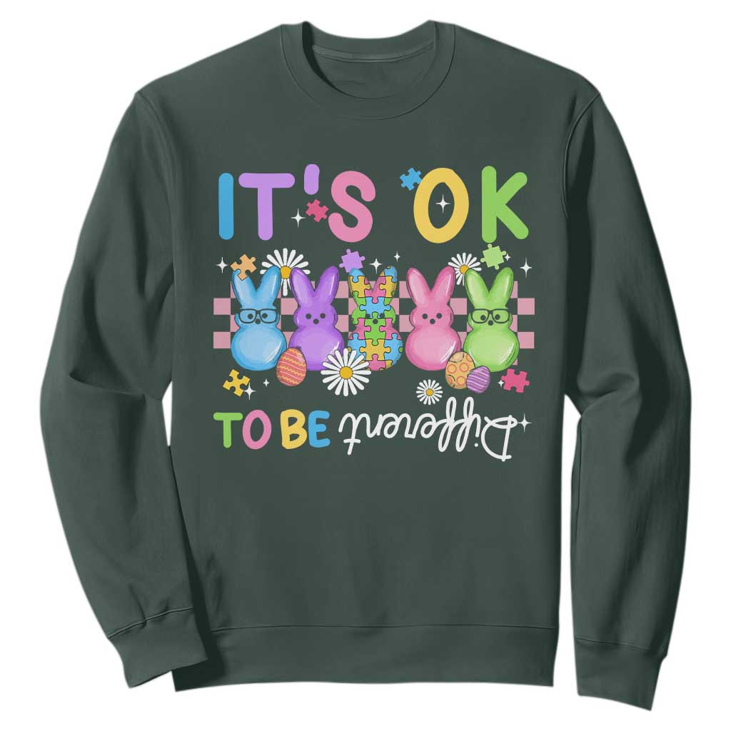 Its Okay To Be Different Sweatshirt Bunny Puzzle Autism Awareness Easter TS10 Dark Forest Green Print Your Wear