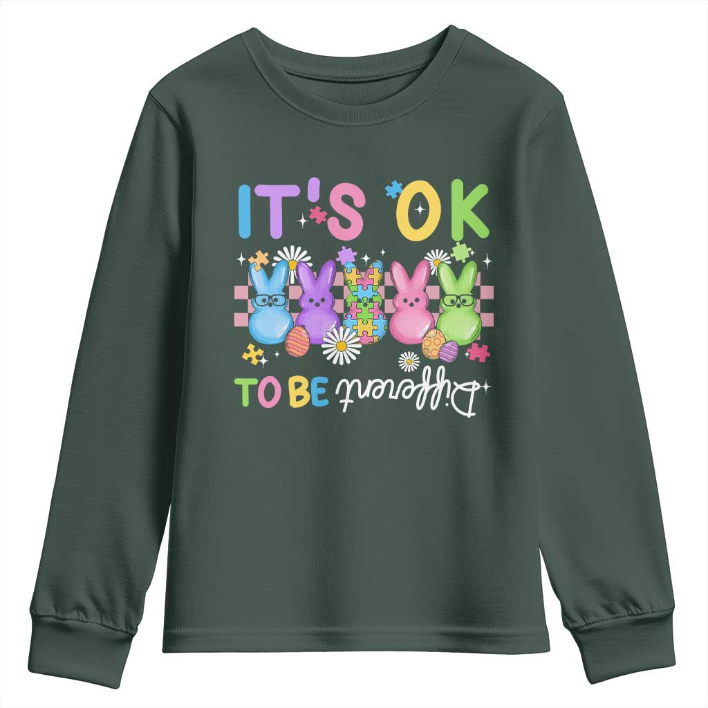 Its Okay To Be Different Youth Sweatshirt Bunny Puzzle Autism Awareness Easter TS10 Dark Forest Green Print Your Wear