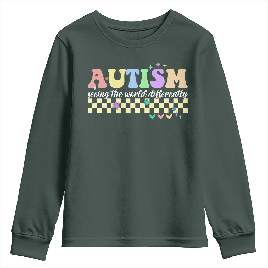 Autism Acceptance Month Youth Sweatshirt Seeing the World Differently TS10 Dark Forest Green Print Your Wear