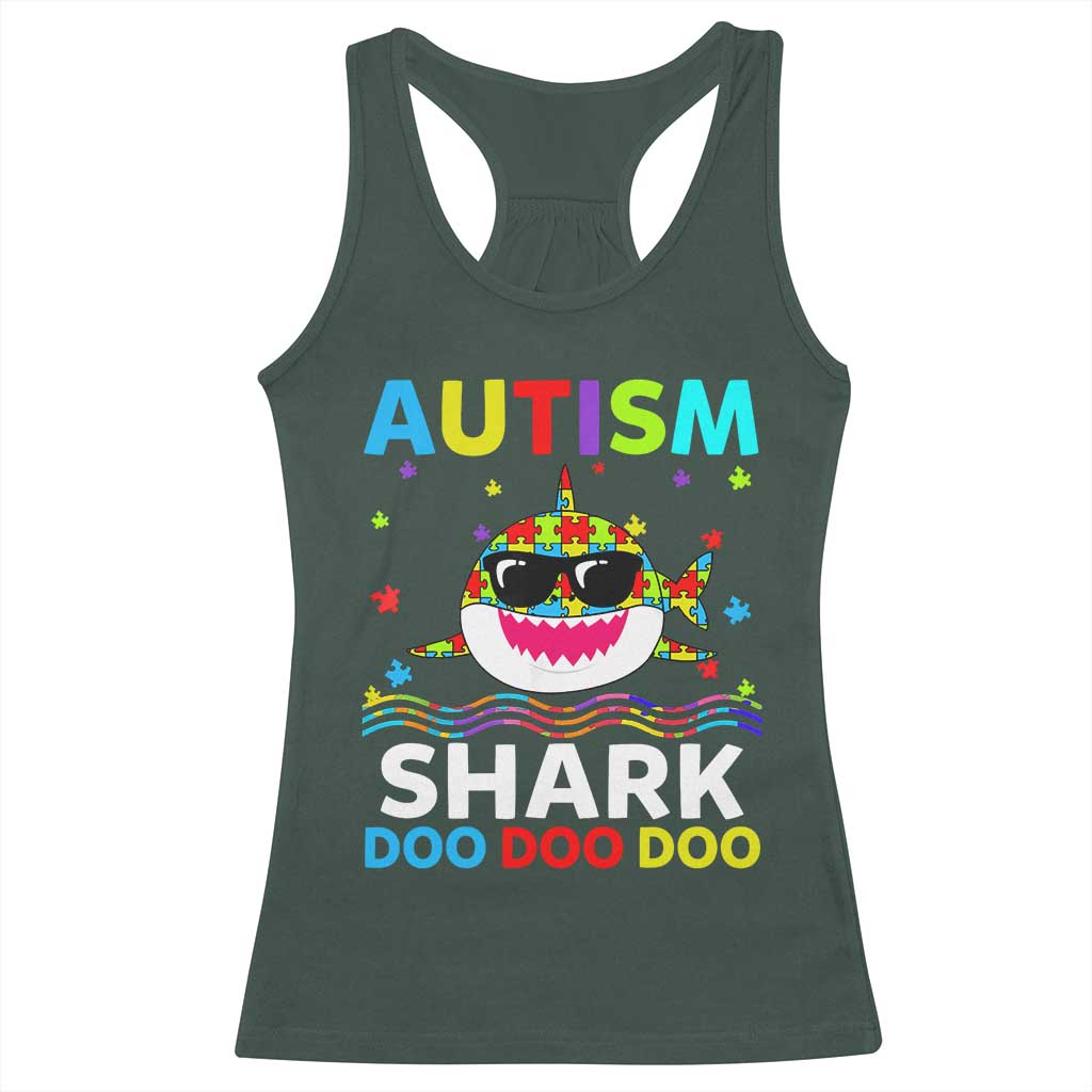 Funny Autism Shark Racerback Tank Top Puzzle Piece Autistic Mom Dad Sped Teacher TS10 Dark Forest Green Print Your Wear