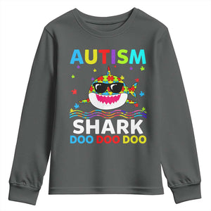 Funny Autism Shark Youth Sweatshirt Puzzle Piece Autistic Mom Dad Sped Teacher TS10 Dark Heather Print Your Wear