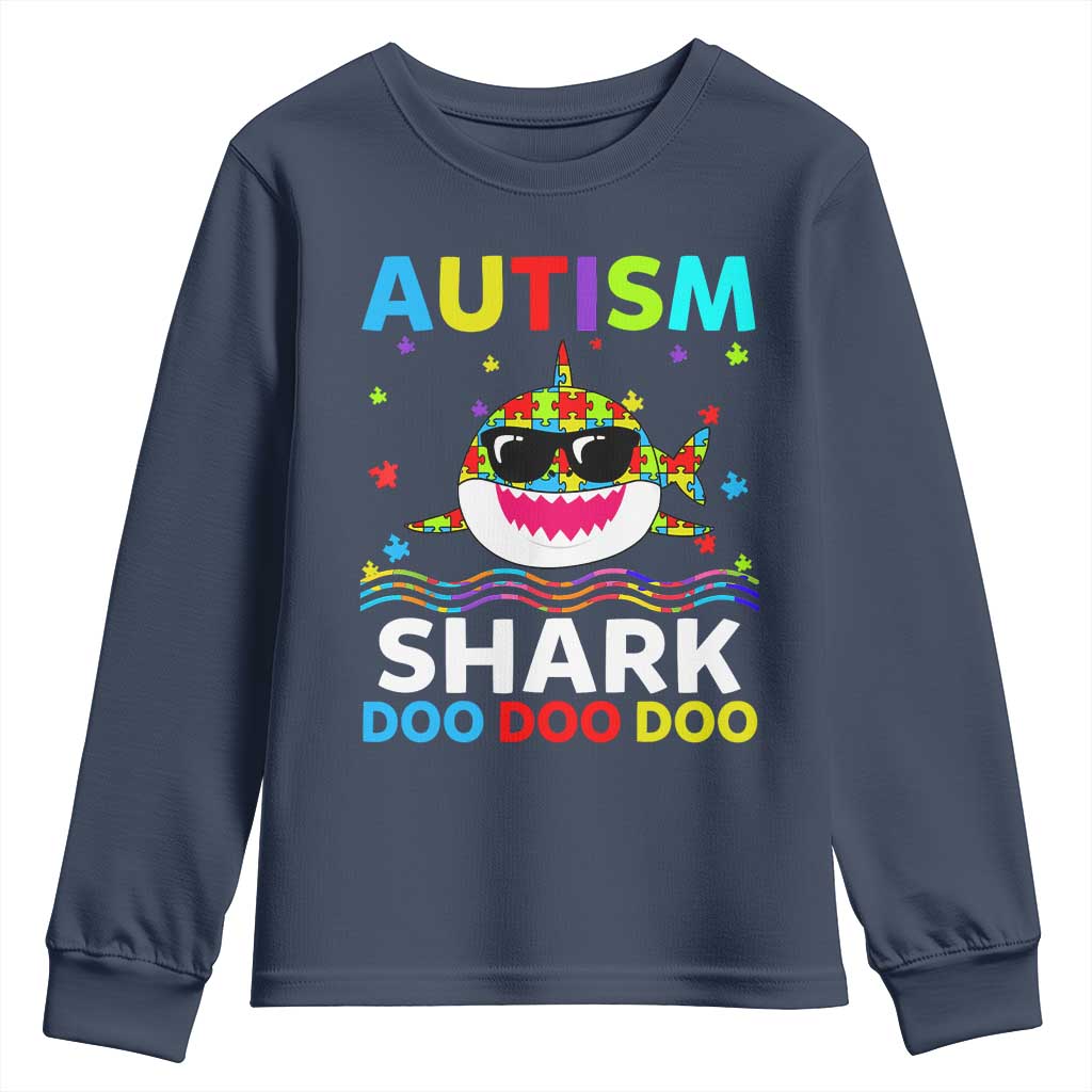 Funny Autism Shark Youth Sweatshirt Puzzle Piece Autistic Mom Dad Sped Teacher TS10 Navy Print Your Wear