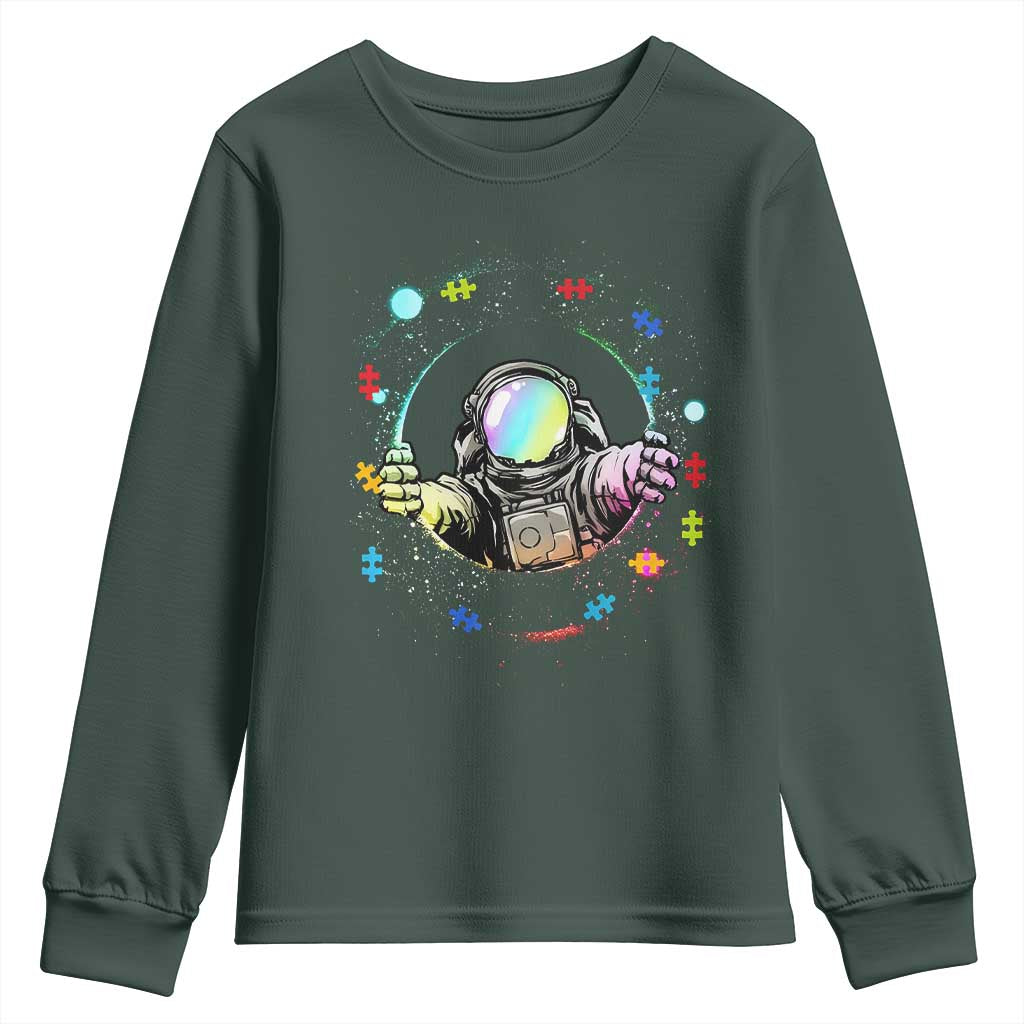 Astronaut Autism Awareness Youth Sweatshirt Space Autistic Kids Sped Teacher TS10 Dark Forest Green Print Your Wear