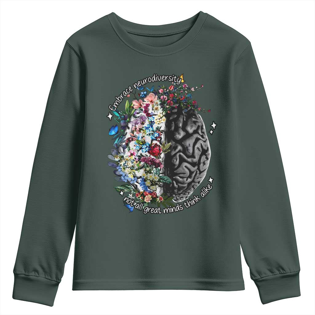 Autism Awareness Youth Sweatshirt Neurodiversity All Great Minds Don't Mind Alike TS10 Dark Forest Green Print Your Wear