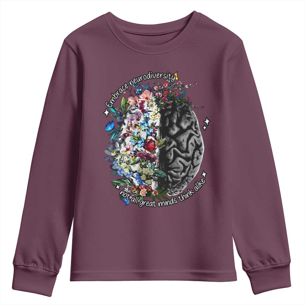 Autism Awareness Youth Sweatshirt Neurodiversity All Great Minds Don't Mind Alike TS10 Maroon Print Your Wear