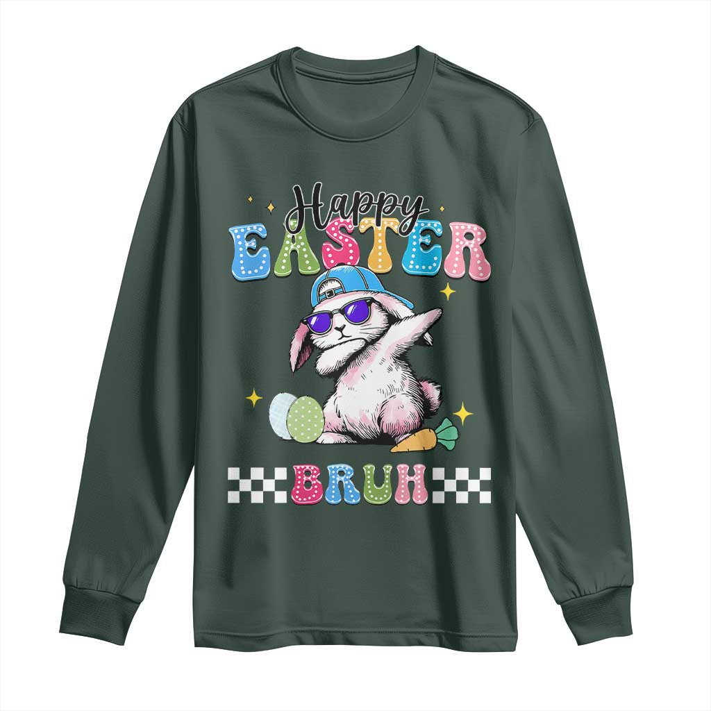 Happy Easter Bruh Long Sleeve Shirt Bunny Dabbing Rabbit Funny Kids Toddler Boys TS10 Dark Forest Green Print Your Wear
