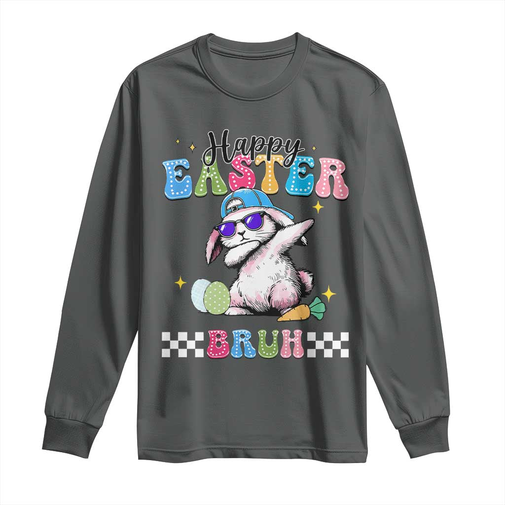 Happy Easter Bruh Long Sleeve Shirt Bunny Dabbing Rabbit Funny Kids Toddler Boys TS10 Dark Heather Print Your Wear