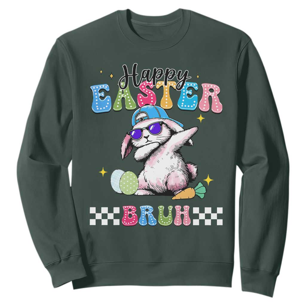 Happy Easter Bruh Sweatshirt Bunny Dabbing Rabbit Funny Kids Toddler Boys TS10 Dark Forest Green Print Your Wear
