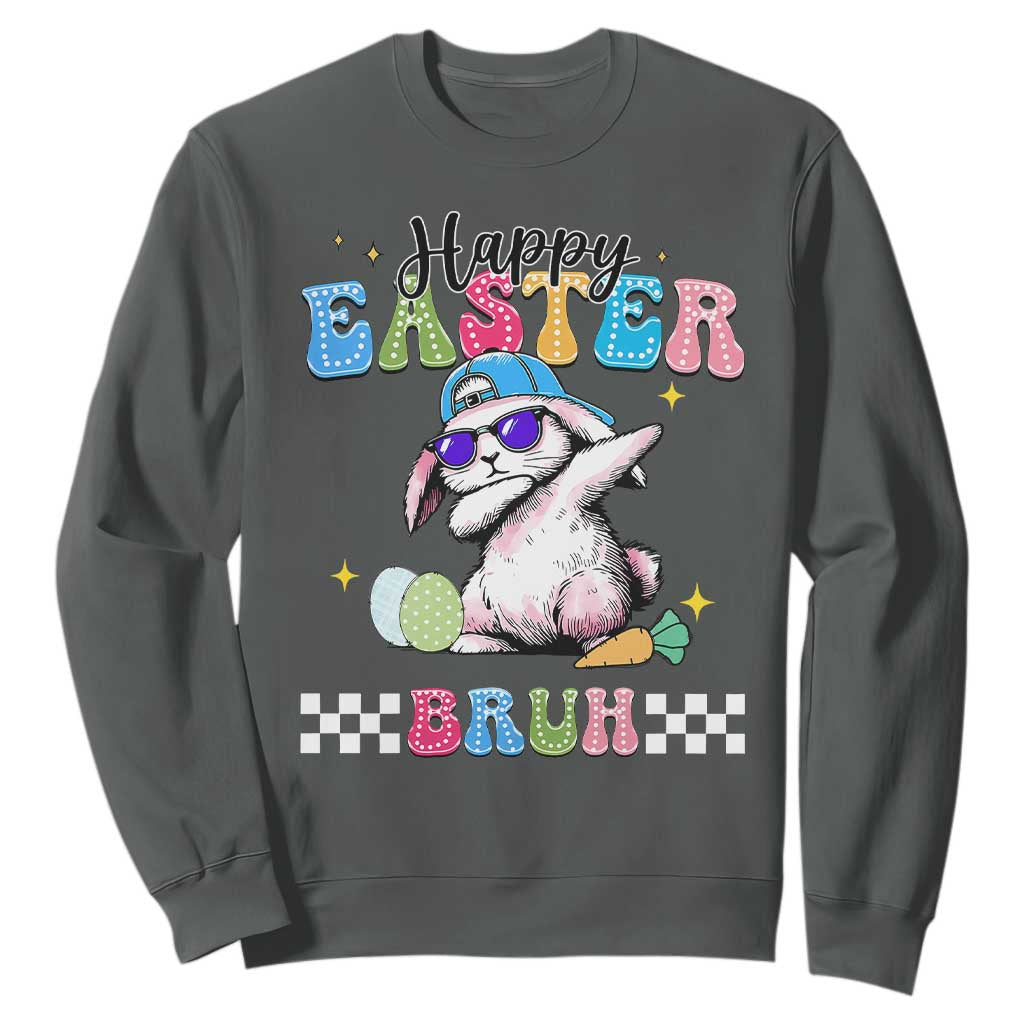 Happy Easter Bruh Sweatshirt Bunny Dabbing Rabbit Funny Kids Toddler Boys TS10 Dark Heather Print Your Wear