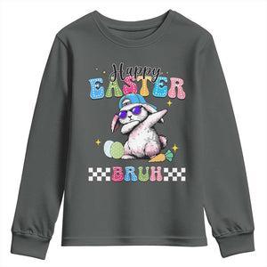 Happy Easter Bruh Youth Sweatshirt Bunny Dabbing Rabbit Funny Kids Toddler Boys TS10 Dark Heather Print Your Wear
