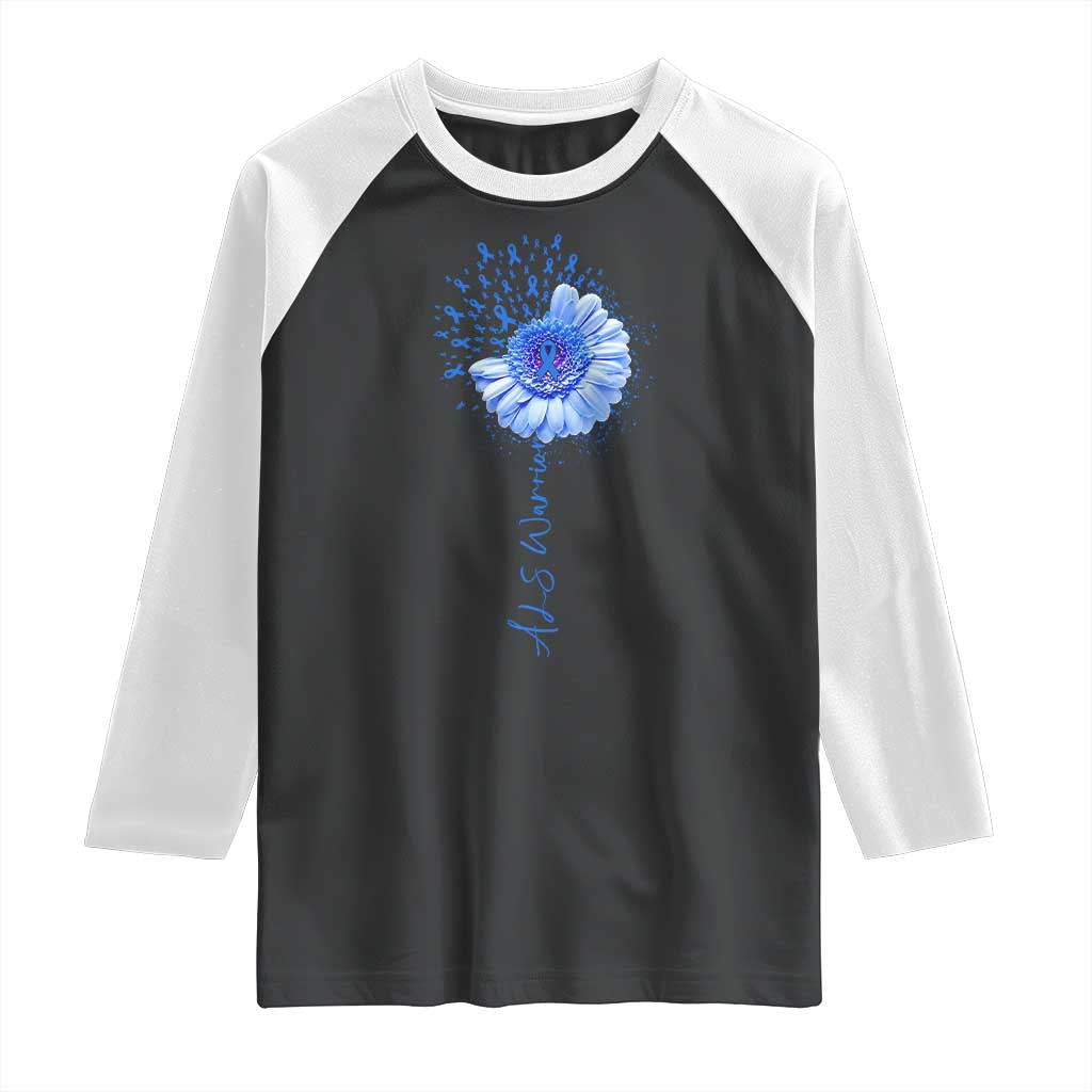 ALS Awareness Raglan Shirt Blue Ribbon Sunflower ALS Warrior TS10 Black White Print Your Wear