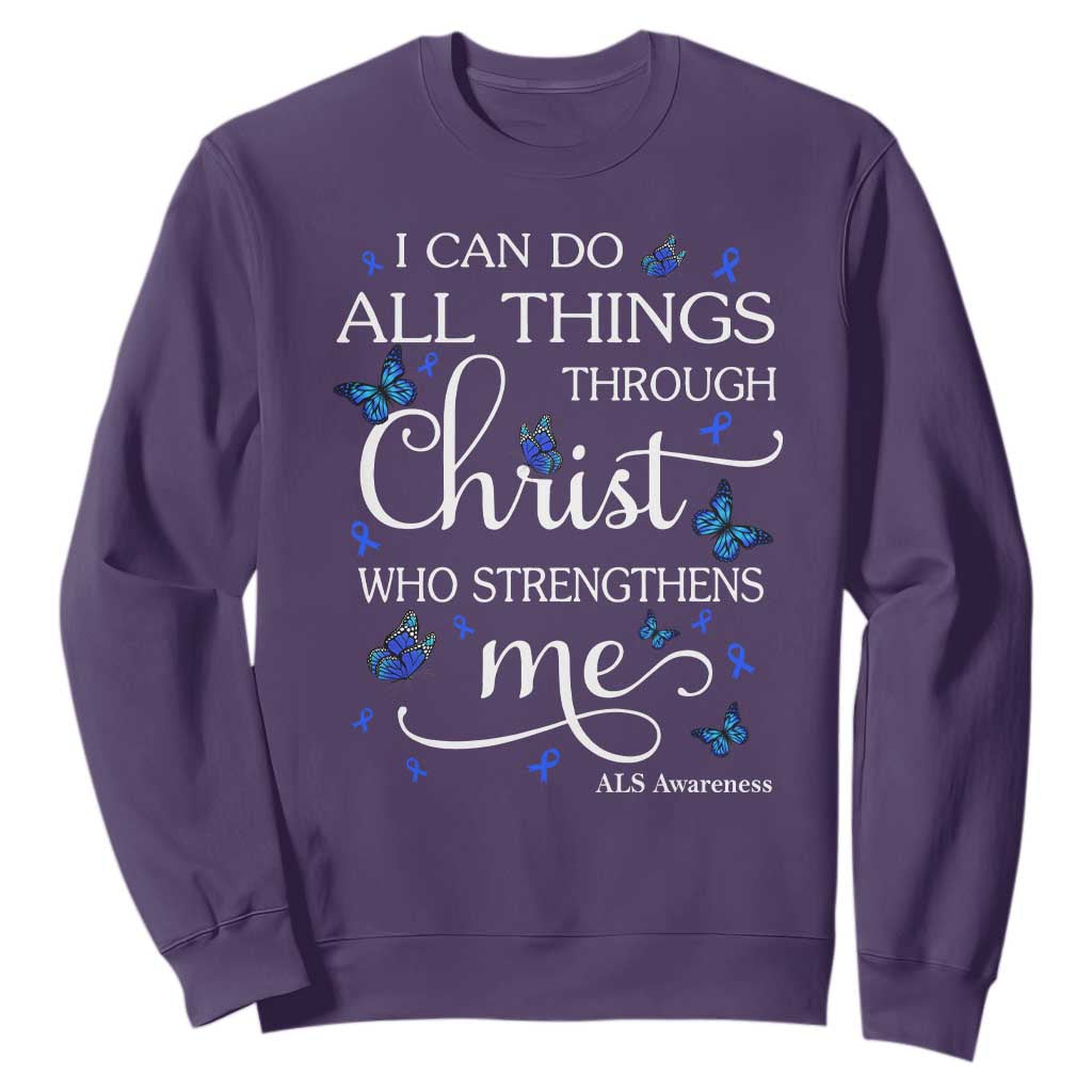 ALS Awareness Sweatshirt I Can Do All Things Through Christ Butterfly Bible Verse Motivational TS10 Purple Print Your Wear