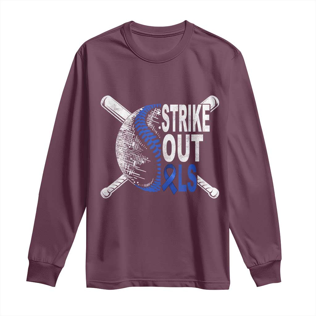 ALS Awareness Long Sleeve Shirt Blue Ribbon Baseball Strike Out ALS Support TS10 Maroon Print Your Wear