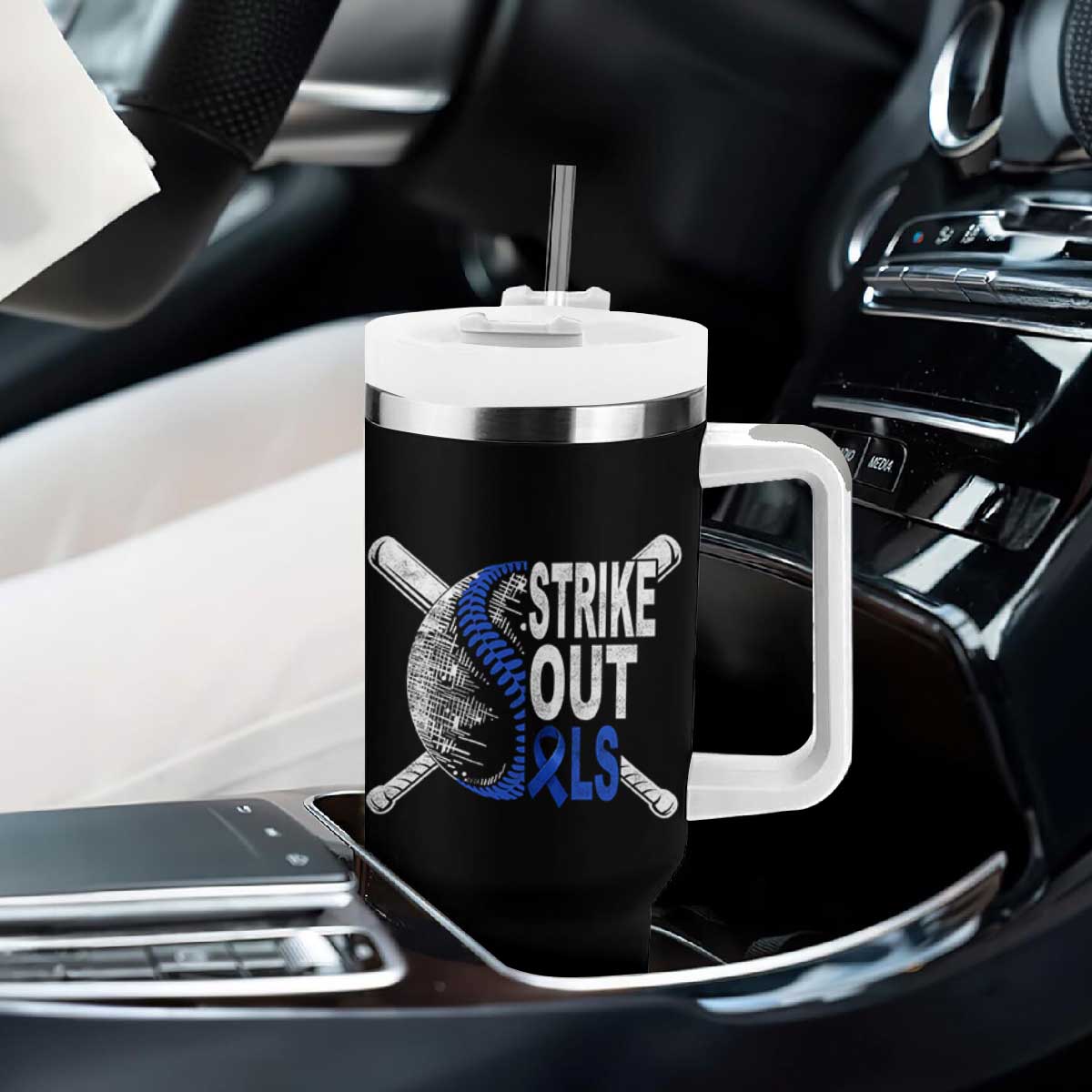 ALS Awareness Tumbler With Handle Blue Ribbon Baseball Strike Out ALS Support TS10 Print Your Wear