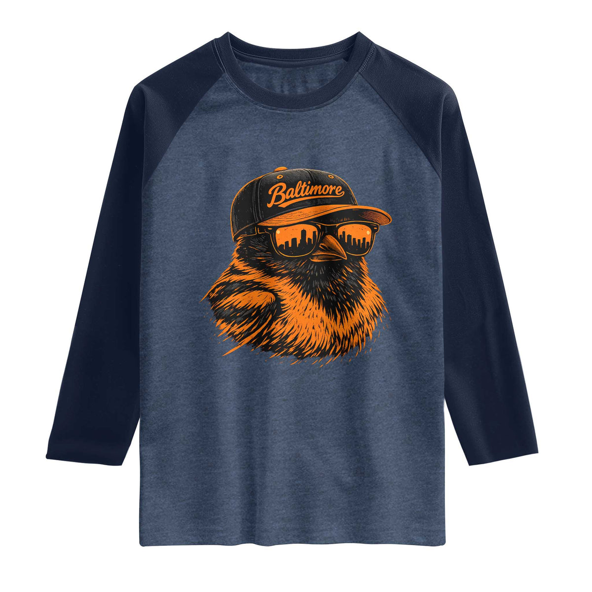 Retro Baltimore Raglan Shirt City Pride Oriole With Sunglasses TS10 Heather Denim Navy Print Your Wear