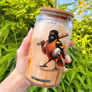 Oriole Baseball Player Glass Can Retro Funny Bird Mascot Baseball Fans TS10 Black Print Your Wear