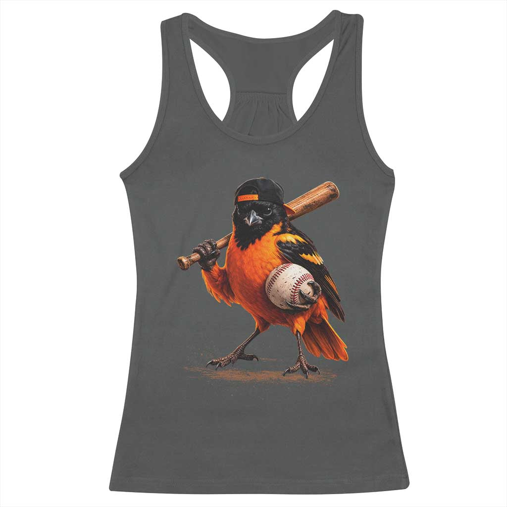 Oriole Baseball Player Racerback Tank Top Retro Funny Bird Mascot Baseball Fans TS10 Dark Heather Print Your Wear