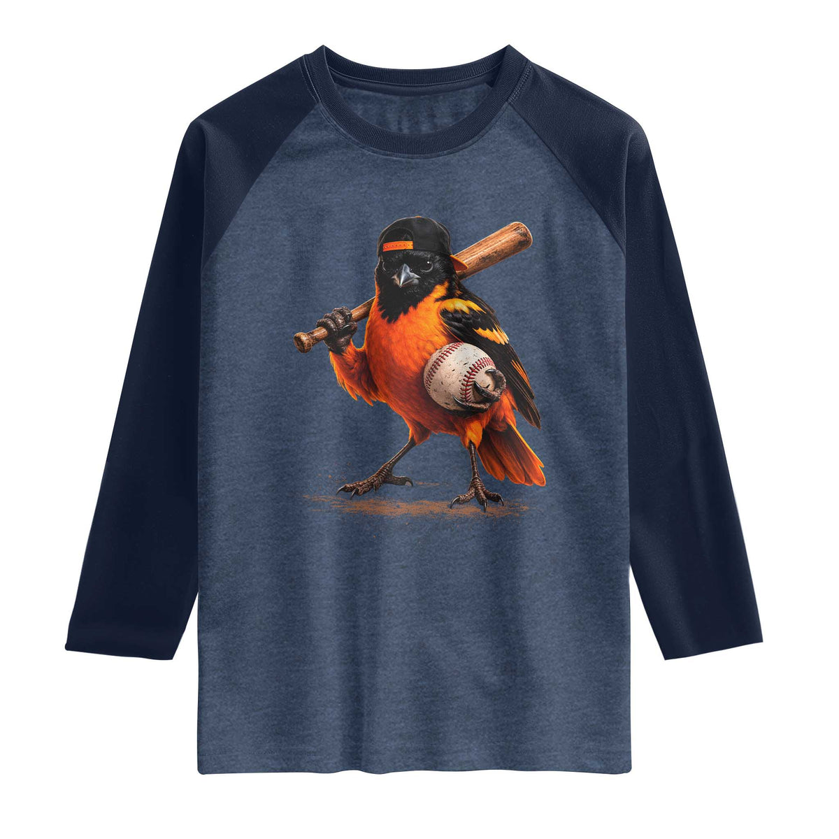 Oriole Baseball Player Raglan Shirt Retro Funny Bird Mascot Baseball Fans TS10 Heather Denim Navy Print Your Wear