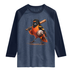 Oriole Baseball Player Raglan Shirt Retro Funny Bird Mascot Baseball Fans TS10 Heather Denim Navy Print Your Wear