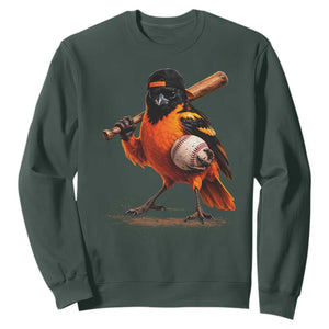 Oriole Baseball Player Sweatshirt Retro Funny Bird Mascot Baseball Fans TS10 Dark Forest Green Print Your Wear