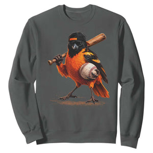 Oriole Baseball Player Sweatshirt Retro Funny Bird Mascot Baseball Fans TS10 Dark Heather Print Your Wear
