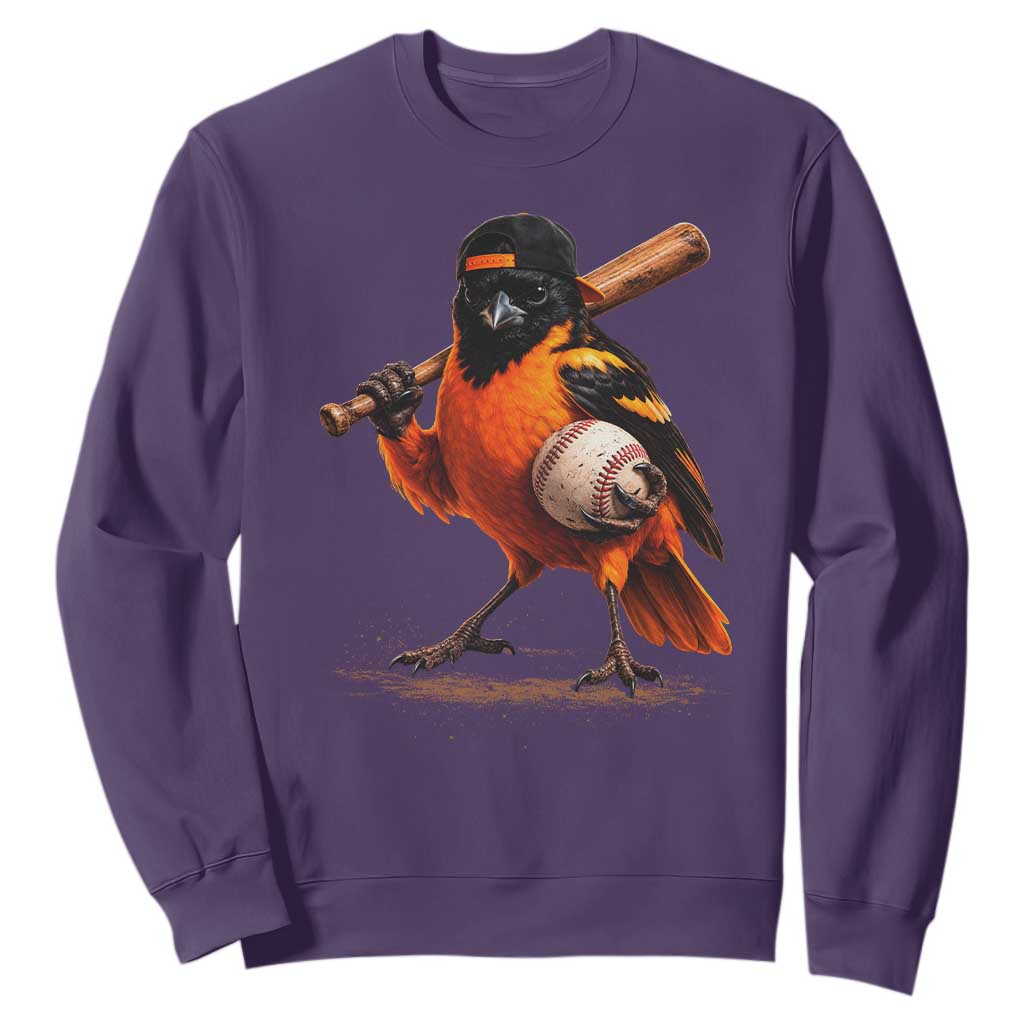 Oriole Baseball Player Sweatshirt Retro Funny Bird Mascot Baseball Fans TS10 Purple Print Your Wear