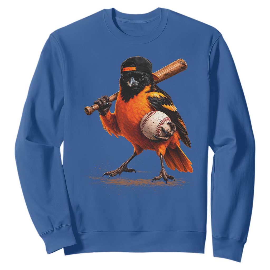 Oriole Baseball Player Sweatshirt Retro Funny Bird Mascot Baseball Fans TS10 Royal Blue Print Your Wear