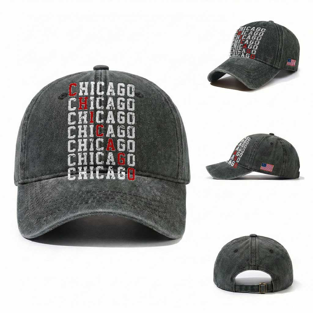 Vintage Chicago Washed Cotton Baseball Cap Retro Distressed Classic Chicago TS10 Washed Cap Universal Fit Dark Green Print Your Wear