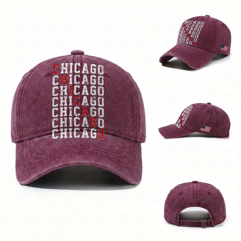 Vintage Chicago Washed Cotton Baseball Cap Retro Distressed Classic Chicago TS10 Washed Cap Universal Fit Burgundy Print Your Wear