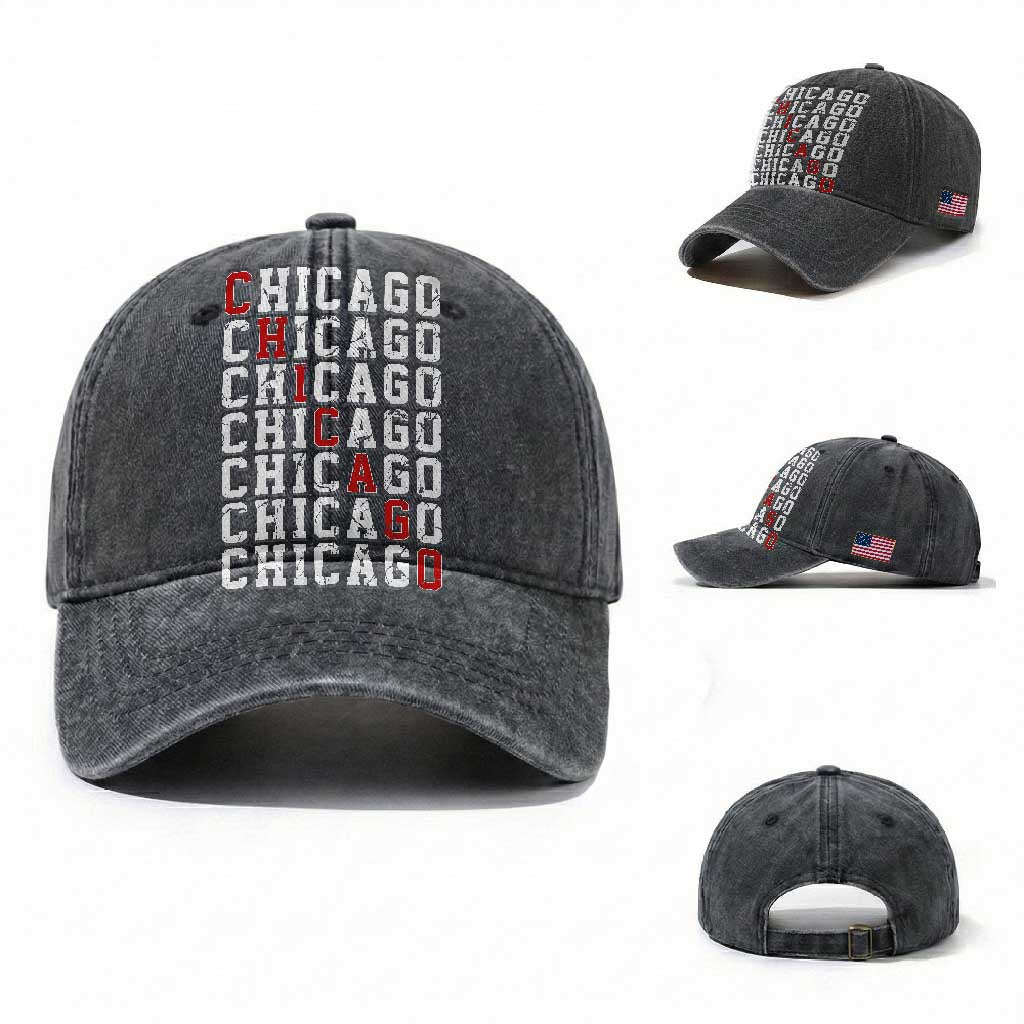 Vintage Chicago Washed Cotton Baseball Cap Retro Distressed Classic Chicago TS10 Washed Cap Universal Fit Dark Gray Print Your Wear
