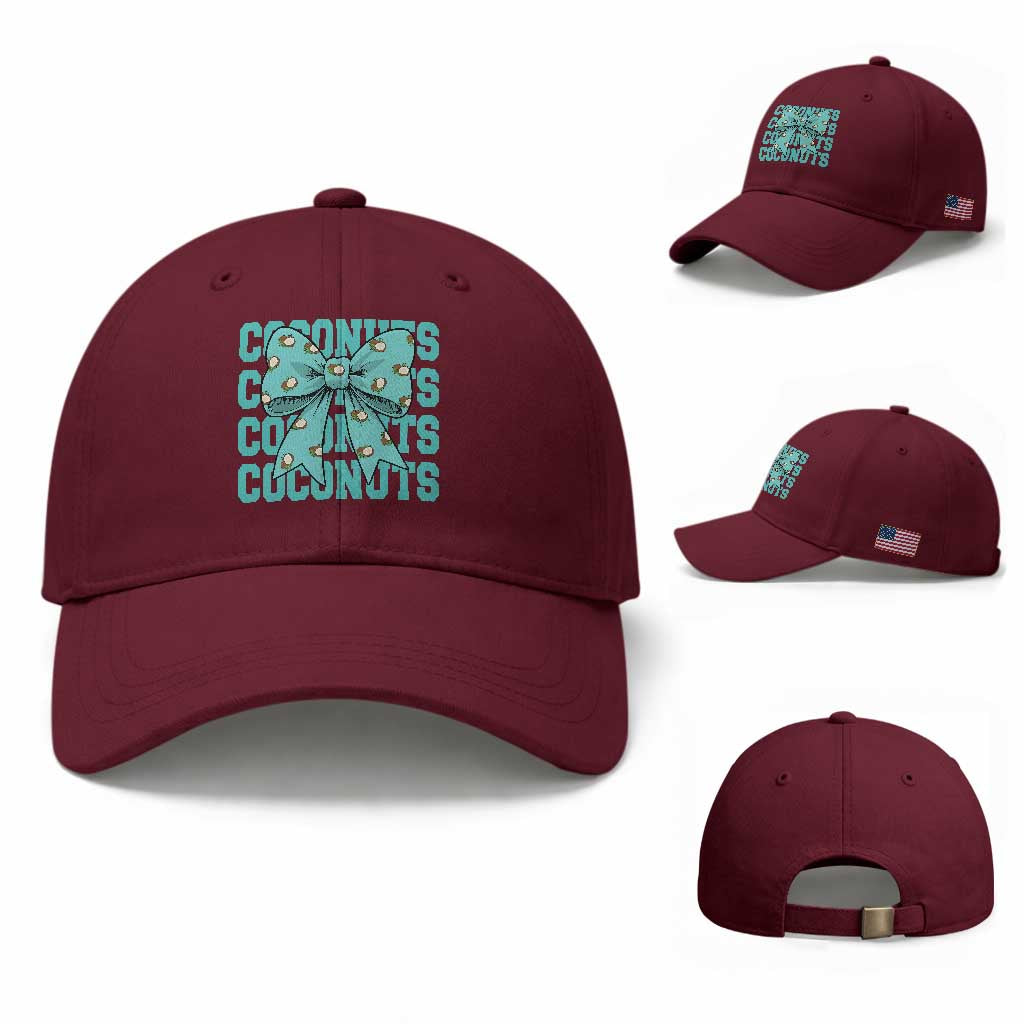 Retro Coconuts Coquette Bow Baseball Cap Summer Beach Coconut Fruit Humor TS10 Baseball Cap Universal Fit Maroon Print Your Wear