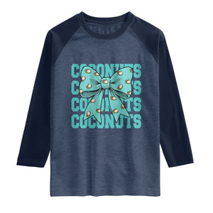 Retro Coconuts Coquette Bow Raglan Shirt Summer Beach Coconut Fruit Humor TS10 Heather Denim Navy Print Your Wear