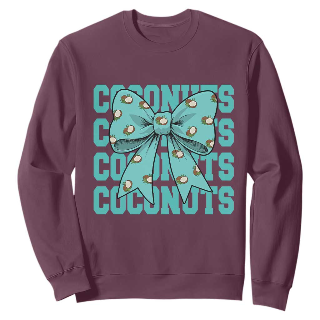 Retro Coconuts Coquette Bow Sweatshirt Summer Beach Coconut Fruit Humor TS10 Maroon Print Your Wear