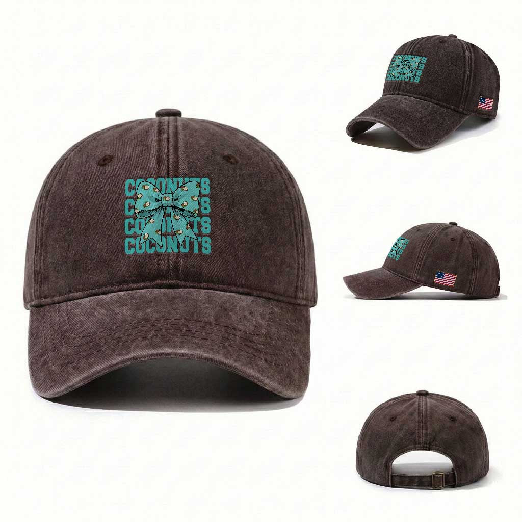 Retro Coconuts Coquette Bow Washed Cotton Baseball Cap Summer Beach Coconut Fruit Humor TS10 Washed Cap Universal Fit Dark Brown Print Your Wear