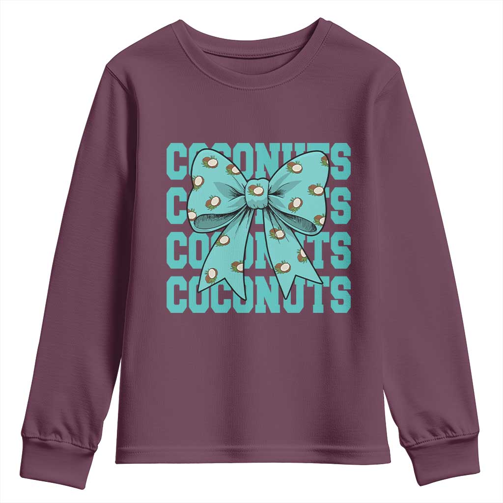 Retro Coconuts Coquette Bow Youth Sweatshirt Summer Beach Coconut Fruit Humor TS10 Maroon Print Your Wear