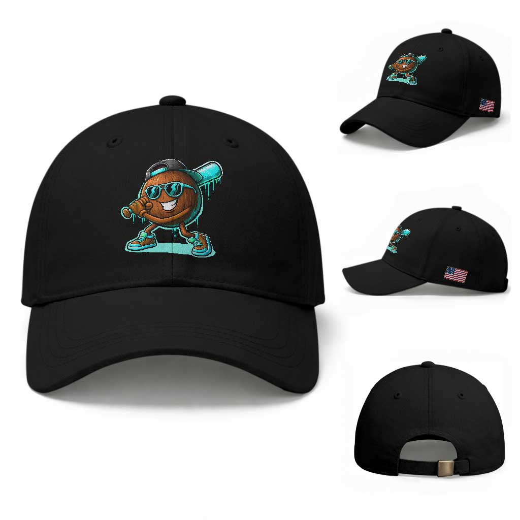 Coconut Baseball Player Baseball Cap Funny Baseball Drip Ice Cream Fruit Humor TS10 Baseball Cap Universal Fit Black Print Your Wear