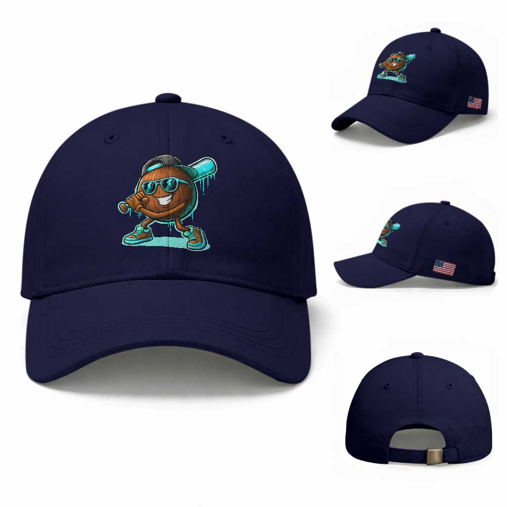 Coconut Baseball Player Baseball Cap Funny Baseball Drip Ice Cream Fruit Humor TS10 Baseball Cap Universal Fit Dark Blue Print Your Wear