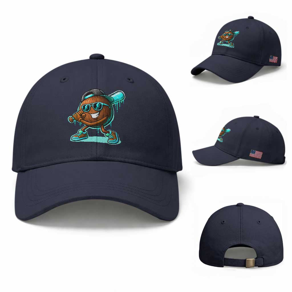 Coconut Baseball Player Baseball Cap Funny Baseball Drip Ice Cream Fruit Humor TS10 Baseball Cap Universal Fit Navy Print Your Wear