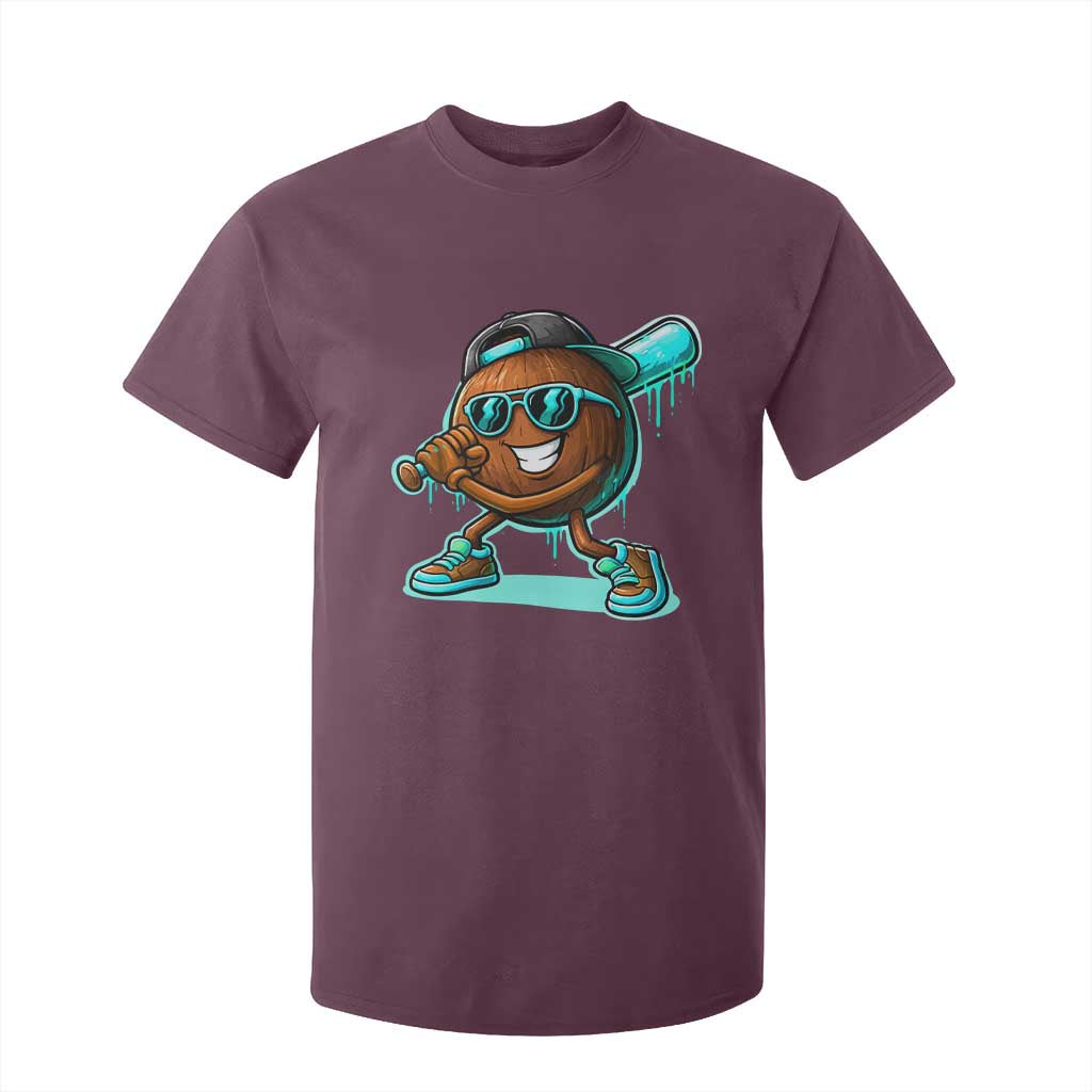 Coconut Baseball Player T Shirt For Kid Funny Baseball Drip Ice Cream Fruit Humor TS10 Maroon Print Your Wear