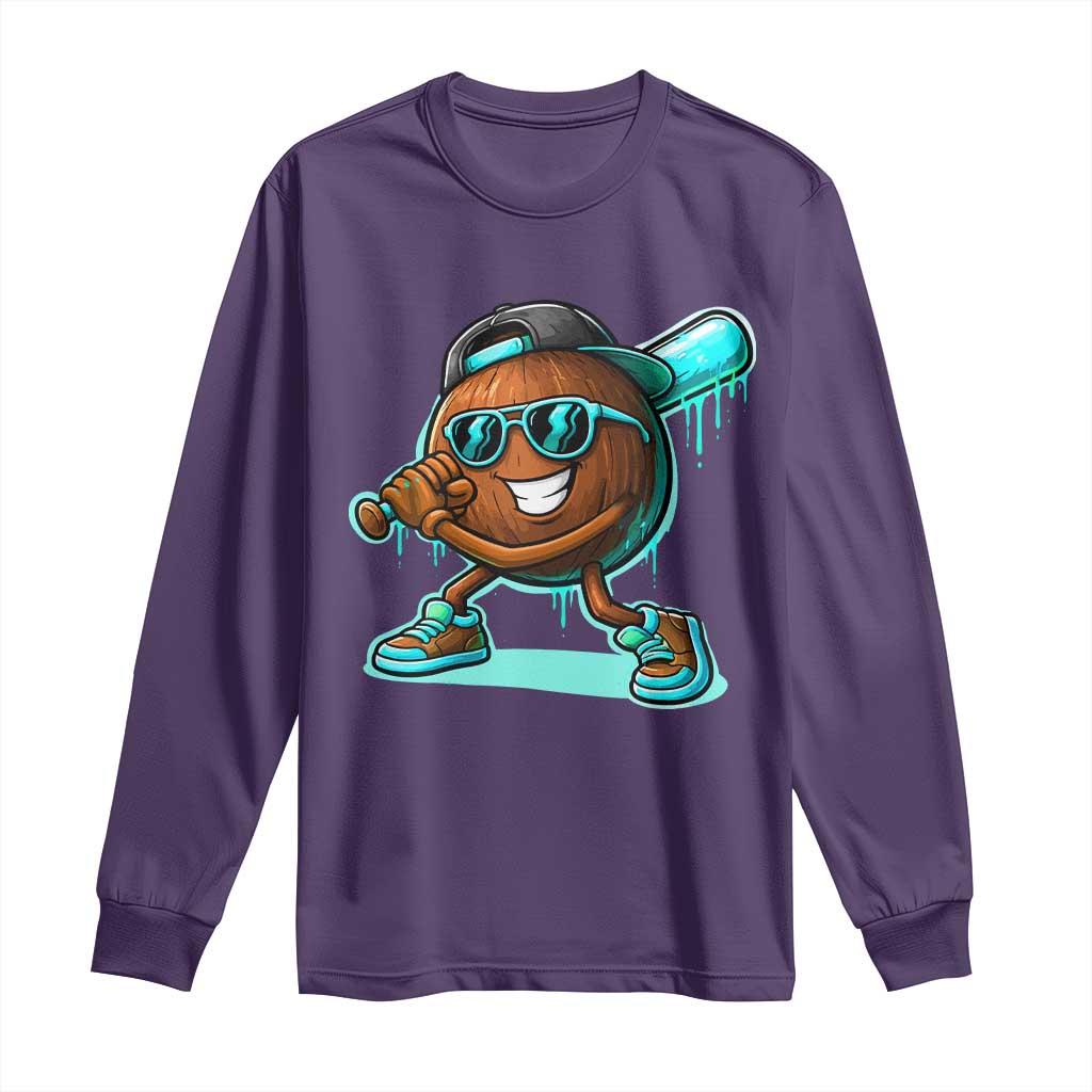 Coconut Baseball Player Long Sleeve Shirt Funny Baseball Drip Ice Cream Fruit Humor TS10 Purple Print Your Wear