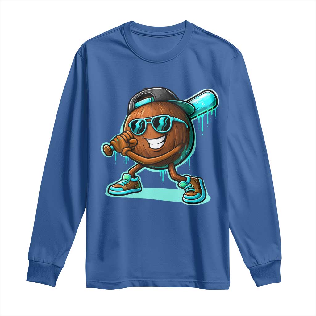 Coconut Baseball Player Long Sleeve Shirt Funny Baseball Drip Ice Cream Fruit Humor TS10 Royal Blue Print Your Wear