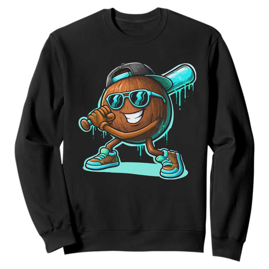 Coconut Baseball Player Sweatshirt Funny Baseball Drip Ice Cream Fruit Humor TS10 Black Print Your Wear