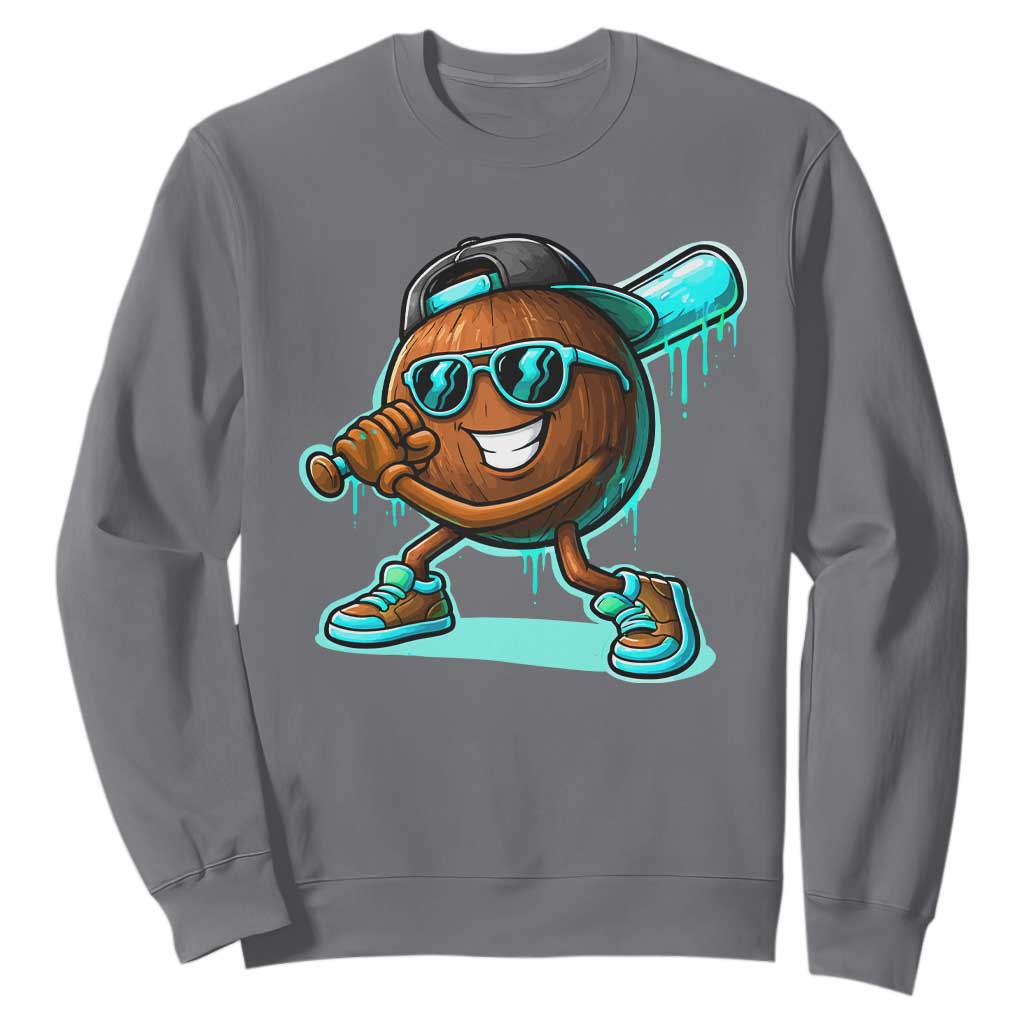 Coconut Baseball Player Sweatshirt Funny Baseball Drip Ice Cream Fruit Humor TS10 Charcoal Print Your Wear