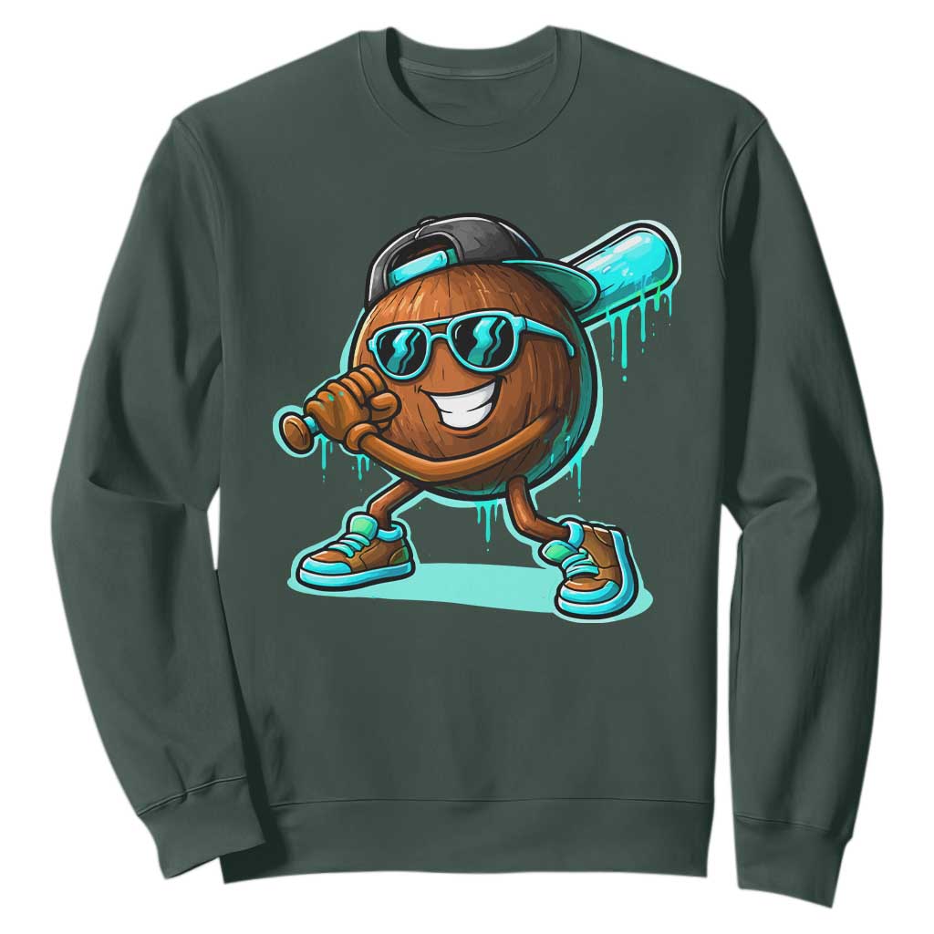 Coconut Baseball Player Sweatshirt Funny Baseball Drip Ice Cream Fruit Humor TS10 Dark Forest Green Print Your Wear