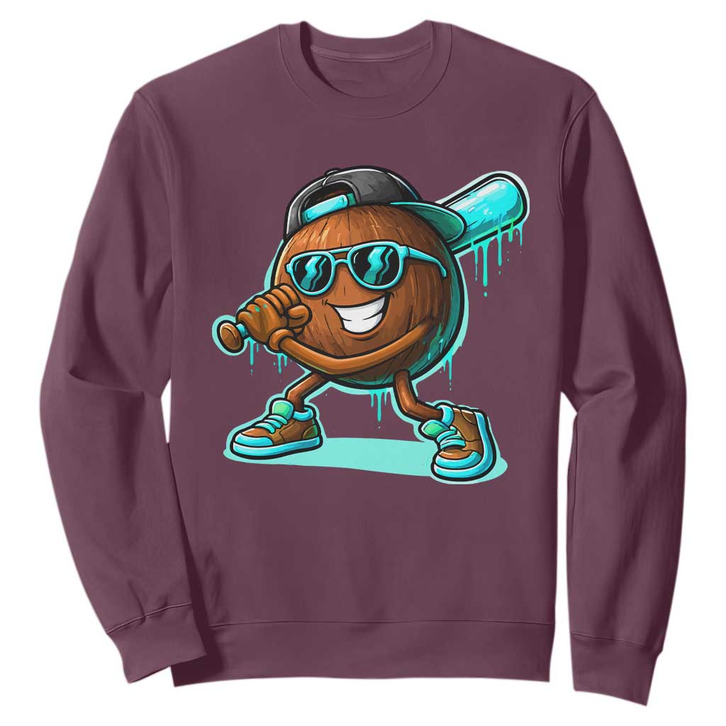 Coconut Baseball Player Sweatshirt Funny Baseball Drip Ice Cream Fruit Humor TS10 Maroon Print Your Wear
