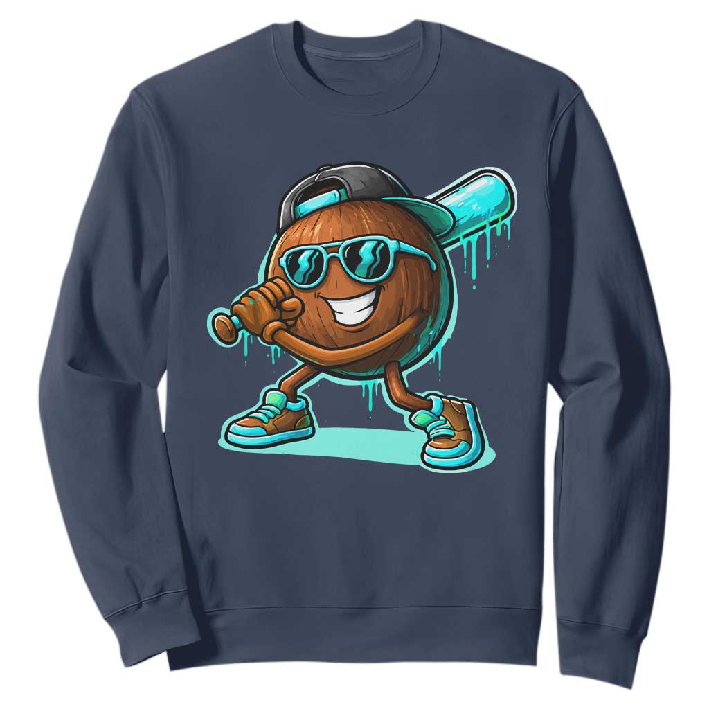 Coconut Baseball Player Sweatshirt Funny Baseball Drip Ice Cream Fruit Humor TS10 Navy Print Your Wear