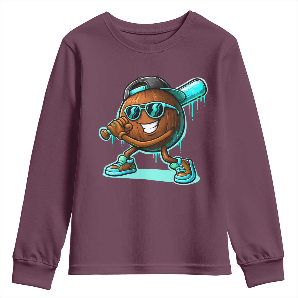 Coconut Baseball Player Youth Sweatshirt Funny Baseball Drip Ice Cream Fruit Humor TS10 Maroon Print Your Wear