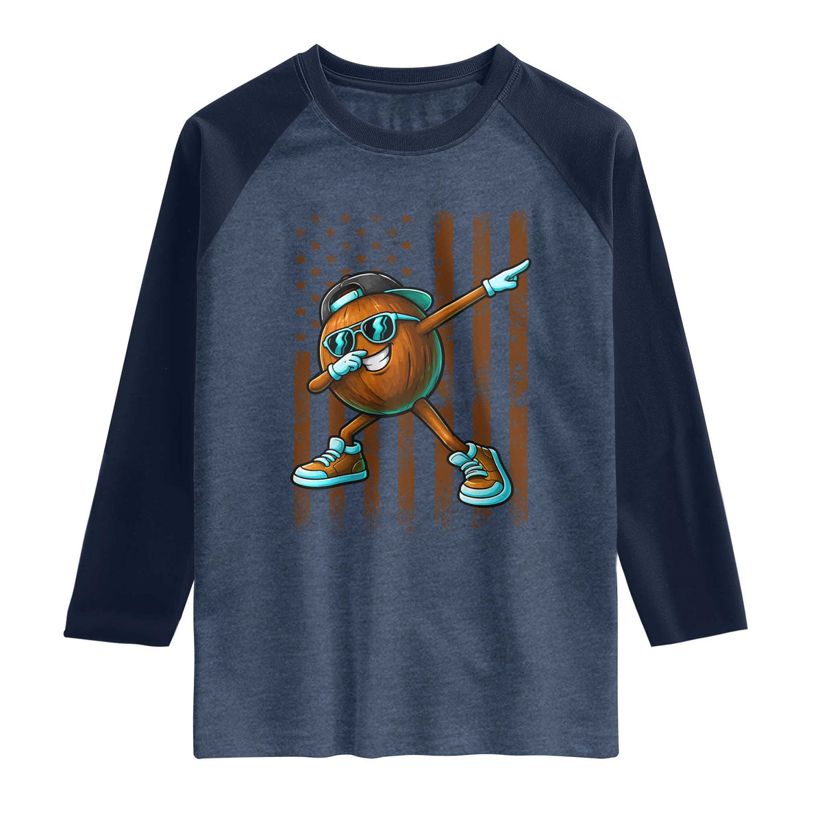 Dabbing Coconut Raglan Shirt Retro American Flag Fruit Lover TS10 Heather Denim Navy Print Your Wear