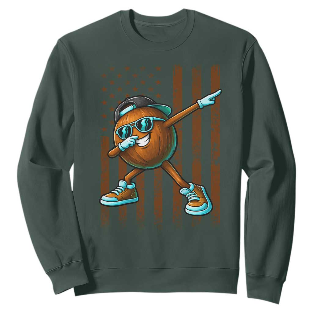 Dabbing Coconut Sweatshirt Retro American Flag Fruit Lover TS10 Dark Forest Green Print Your Wear