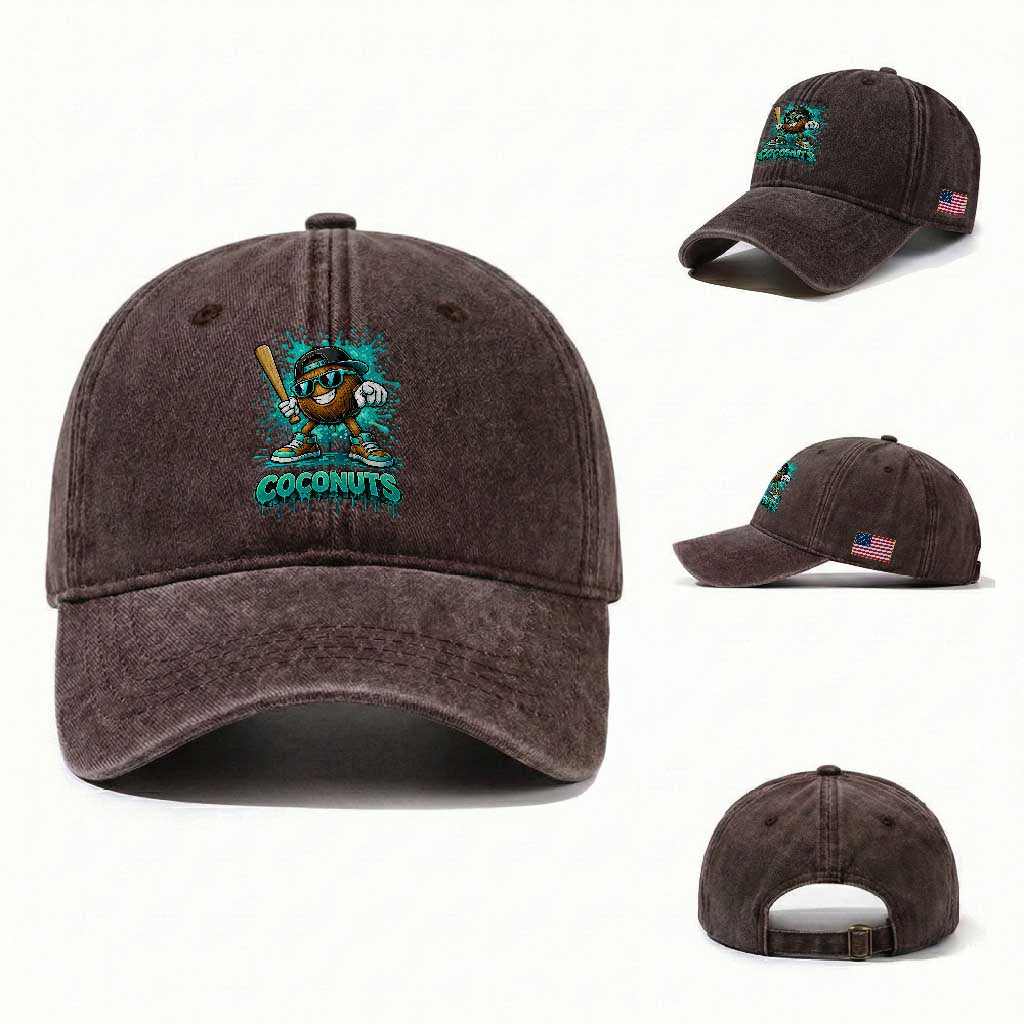 Baseball Coconut Washed Cotton Baseball Cap Funny Graffiti Splatter Sports TS10 Washed Cap Universal Fit Dark Brown Print Your Wear
